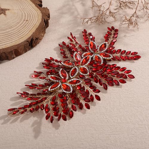 Teyglen Large Full Rhinestone Headband Flower Crystal Bride Wedding Headband Hair Vine Bridal Rhinestone Headpiece Wedding Hair Accessories for Women Party Prom (Red) - color: Red
