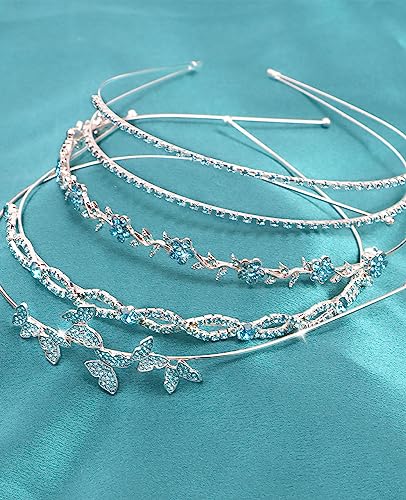 Wecoe 4 Pack Light Blue Rhinestone Bridal Headpieces - Crystal Butterfly Leaf Metal Headbands for Women, Girls, Flower Girls, Weddings & Gifts - color: Silver band & Turquoise blue rhinestones