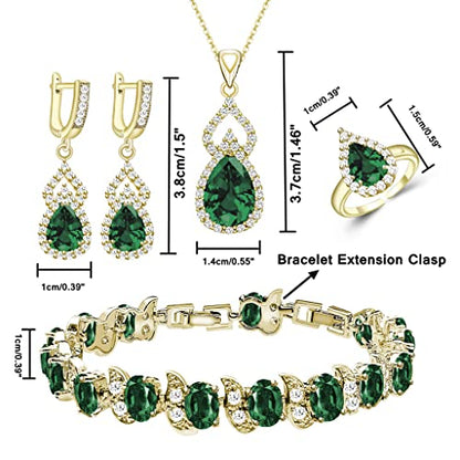 LMXXVJ Women Jewelry Set Platinum Plated Necklace Open Ring Earrings Bracelet Set,Birthday/Anniversary Mother’s Day Jewelry Gifts for Mom/Wife/Sister/Best Friend - color: Yellow Gold-Green