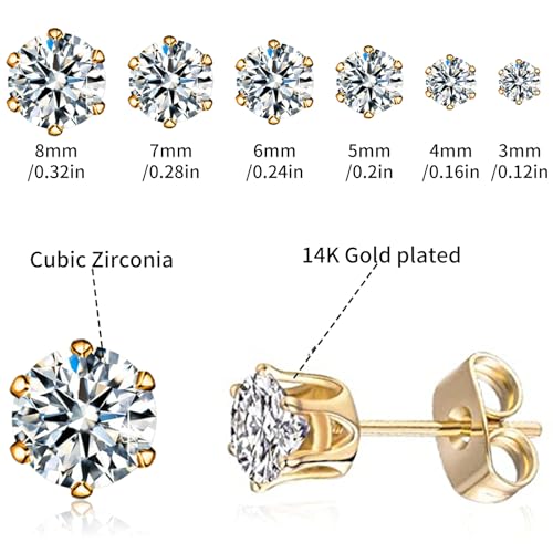 Ringcal Stainless Steel Stud Earrings Set Hypoallergenic Cubic Zirconia 14K White Gold CZ Earrings for Women - color: Gold-6Pairs-3 4 5 6 7 8mm