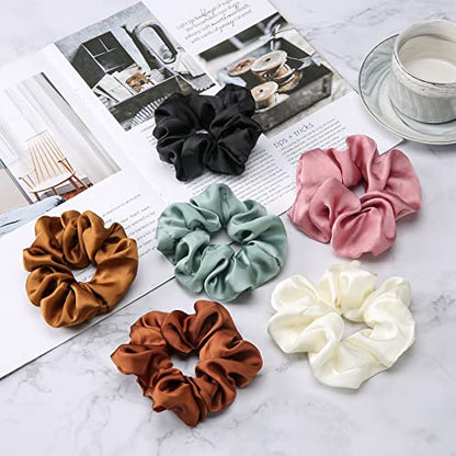 Lolalet Scrunchies for Women, Satin Hair Scrunchies Softer Than Silk Hair Ties for Hair Sleep, Big Scrunchy Ponytail Holder with Elastic Hair Bands for Girls Thick Thin Curly Hair -6 Pack, Style B - color: 4 - Satin/Purple, Green, White, Khaki, Brown, Bla