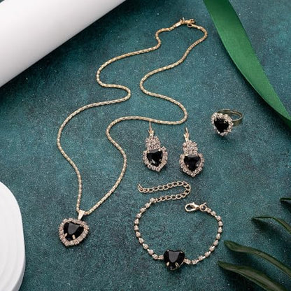 MALOYANVE 4PCS Crystal Heart Jewelry Set Glitter Gold Cubic Zirconia Love Heart Pendant Necklace Lightweight Hoop Earrings Bangle Bracelet Adjustable Open Ring Prom Wedding Jewelry for Women - color: Black