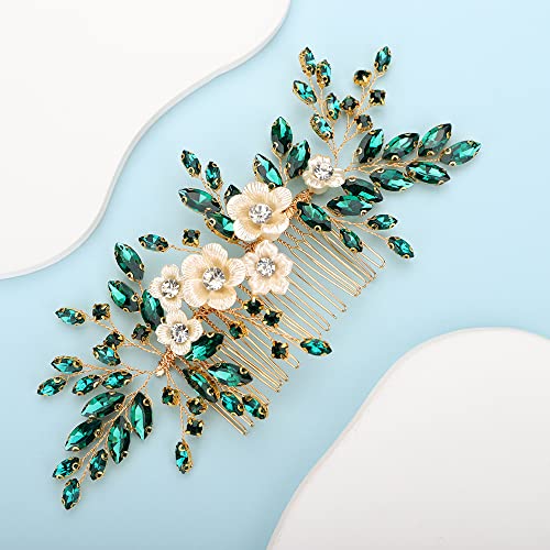 Bridal White Flower Green Crystal Rhinestone Hair Comb for Bride Bridesmaid Sliding side Headpieces Wedding Hair Accessories for Women and Girls (Green) - color: Green