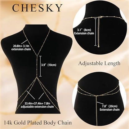 CHESKY 14K Gold Plated Body Chains for Women, Bikini Bra Body Jewelry | Sexy Crossover Waist Chain, Waterproof Non Tarnish, Belly Belt Chain for Beach Summer, Accessories Jewelry for Women