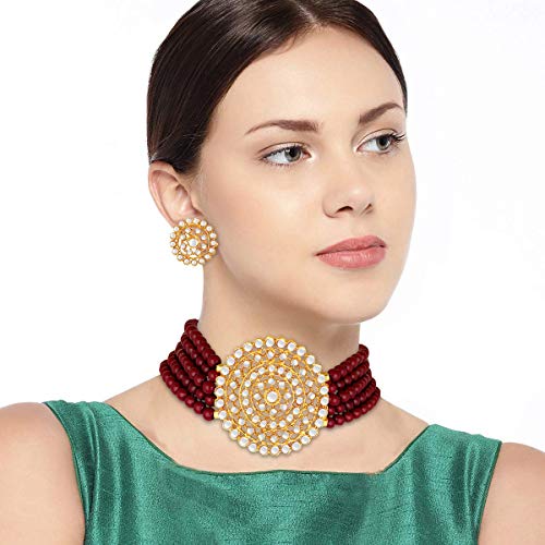 Aheli Pearl Diamond Choker Necklace & Round Earrings Gift for Women Indian Traditional Bollywood Fashion Bharatanatyam jewellery set - color: Maroon 3