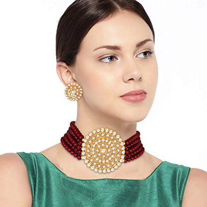 Aheli Pearl Diamond Choker Necklace & Round Earrings Gift for Women Indian Traditional Bollywood Fashion Bharatanatyam jewellery set - color: Maroon 3