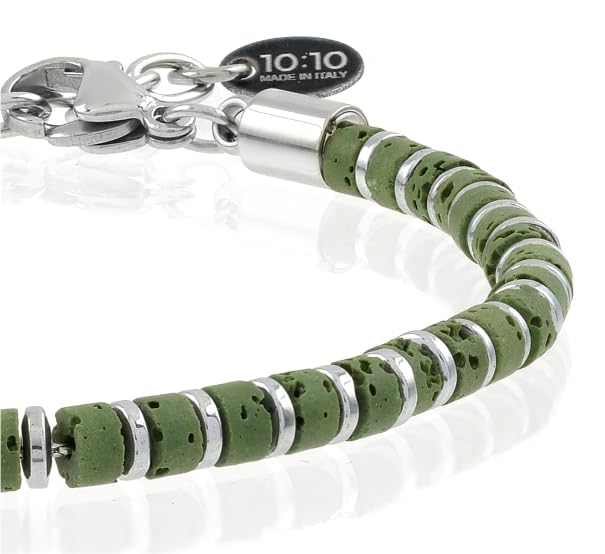 Beaded Bracelet for Men and Women – Natural Lava Gemstone Bracelet, Hematite and Stainless Steel – Adjustable, Durable and Elegant – Made in Italy - color: Green