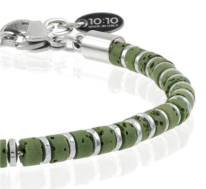Beaded Bracelet for Men and Women – Natural Lava Gemstone Bracelet, Hematite and Stainless Steel – Adjustable, Durable and Elegant – Made in Italy - color: Green