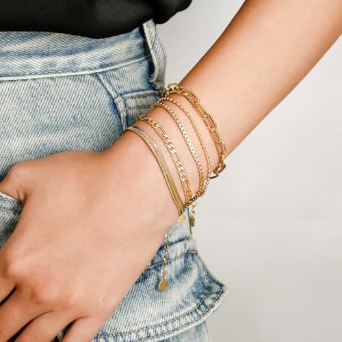 Gold Bracelets Set for Women, Dainty Stackable Layered Bracelet | 14K Gold Plated Adjustable Waterproof Non-Tarnish Paperclip & Curb Link Chain Jewelry Sets Gifts - color: Gold