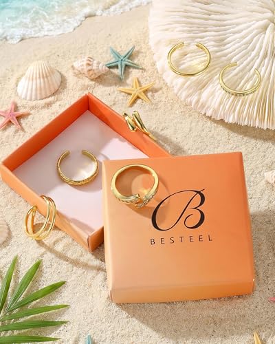Besteel 6 PCS Toe Rings for Women - 14K Gold Filled Non Tarnish Waterproof | Adjustable Silver Toe Ring Simple Open Band Hug CZ Chunky Flower Toe Rings Set Trendy Summer Beach Foot Jewelry for Women - style: Gold: hug&cz toe ring