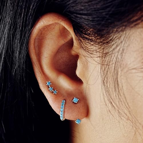 3 Pairs Mini Hoop Earrings Set Turquoise Cubic Zirconia Huggie Hoop Cartilage Earring Ear Cuff for Women (Turquoise/CZ) - color: *Turquoise-A