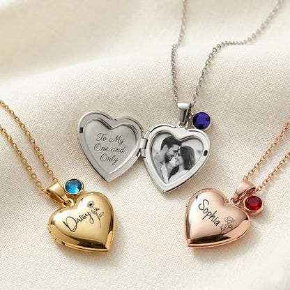 Twenty&Sixty Personalized Heart Locket Necklace for Women, Girl, Kids, Holds Pictures, Birth Flower Personalized & Engraved Picture Locket Necklace Gold/Silver/RoseGold