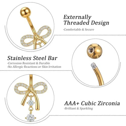 5Pcs Gold Belly Button Rings, Dangle Belly Rings, Belly Piercing Jewelry, 14G Stainless Steel Navel Piercing with Cute Heart Flower Butterfly Dangle Belly Ring