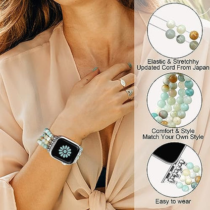 Newlibery Natural Stone Bracelet Beaded-Band Women Compatible with Apple Watch 42mm(S3/2/1) 44/45/46/49mm Feminine Handmade Stretch Strap for iWatch Series 11/10/9/8/7/6/5/4/3/2/1 SE 3/2/1 Ultra1/2/3 - color: A3 Light green and white, size: 46(s10/11)/49/