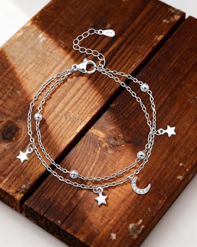 Moon and Star Bracelet for Women Layered Adjustable Satellite Chain Sliver&Gold Star Bracelets Summer Beach Jewelry