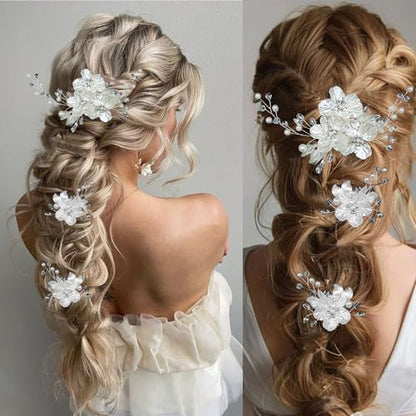 3 PCS Large Flower Bridal Wedding Hair Pins Crystal Pearl Hair Clips Headpiece Bride Hair Accessories Jewelry with Rhinestone, Glitter Emboss White Flower - color: Glitter Emboss White Flower