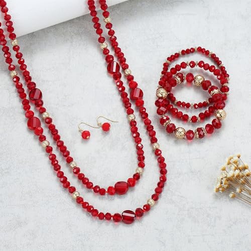 Trendy Infinity Wrap 60’’ Long Statement Necklace, Earrings and Bracelet Set - Hand Knotted Versatile Crystal and Shell Beads Strand Necklace and Chunky Beaded Stretch Bracelet Stack – Jewelry Set Gift for Women - color: Red