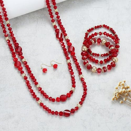 Trendy Infinity Wrap 60’’ Long Statement Necklace, Earrings and Bracelet Set - Hand Knotted Versatile Crystal and Shell Beads Strand Necklace and Chunky Beaded Stretch Bracelet Stack – Jewelry Set Gift for Women - color: Red