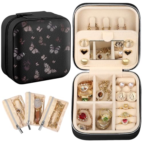 Bistup Travel Jewelry Case - Small Jewelry Organizers and Storage Box for Women Girls Teens Cute Traveling Jewelry Holder Mirror Little Tiny Compact Modern Unique Aesthetic Pretty, Black Butterfly - style: Black Butterfly