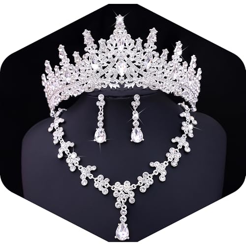 Crystal Crown and Tiara Jewelry Set for Women Bride with Necklace Earrings | Metal Rhinestone Royal Queen Princess Jewelry Set Wedding Quinceanera Pageant Prom Birthday Halloween Party Costume Gift - color: Style E-Silver