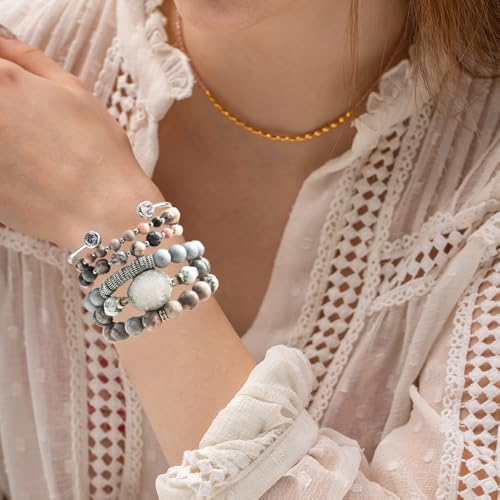 Yomisa Boho Beaded Bracelets/Bangle for Women,Multilayer 5/6/7PCS Healing Natural Handmade Stone Bead Bracelets Stackable Stretch Friendship Beaded Bracelet Set Trendy Western Bohemian Jewelry Gift - color: 5pcs-Zebra Jasper