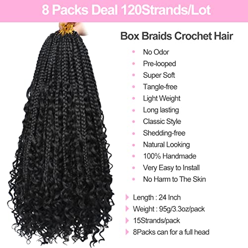 Unionbeauty 8 Packs 24 Inch Boho Box Braids Crochet Hair Curly Ends Goddess Box Braids Hair Distressed Butterfly Bohemian Hippie Braids Pre-looped Synthetic Braiding Hair Extension for Black Woman 1B# - color: 1B#, size: 24 Inch (Pack of 8)