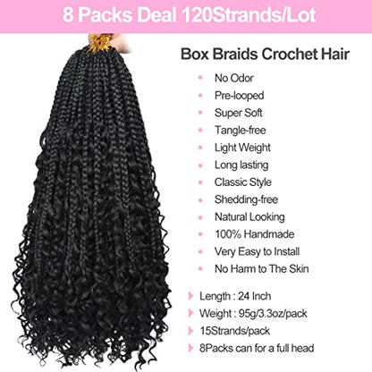Unionbeauty 8 Packs 24 Inch Boho Box Braids Crochet Hair Curly Ends Goddess Box Braids Hair Distressed Butterfly Bohemian Hippie Braids Pre-looped Synthetic Braiding Hair Extension for Black Woman 1B# - color: 1B#, size: 24 Inch (Pack of 8)