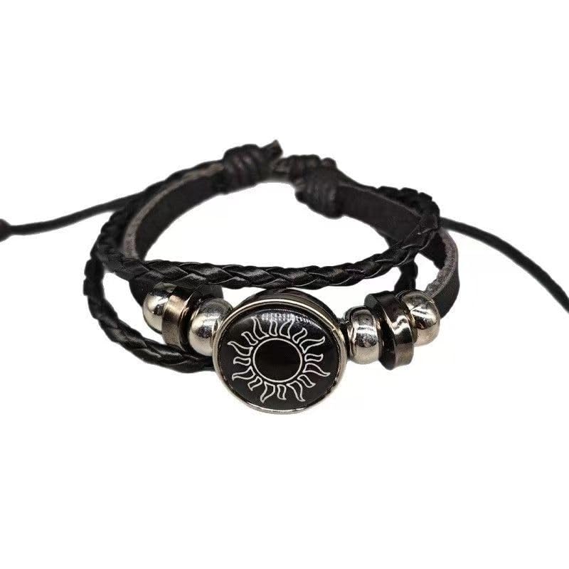 Sun Moon Matching Couple Bracelets for Him Her, Braided Faux Leather Adjustable Wristband, Vintage Sun Star Moon Cabochon Charm Jewelry Valentine Gift for Lovers Best Friends