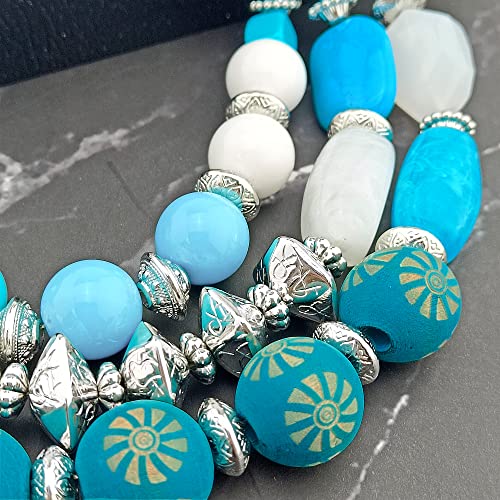 Bocar 3 Layer Chunky Statement Beaded Necklace and Earrings Set, Fashion Multi Layer Women Collar Necklace Jewelry Set - color: Cyan Blue-Silver