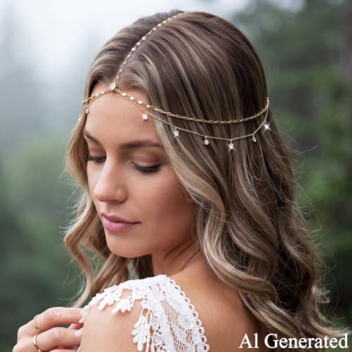 BARTOSI Rhinestone Head Chain Gold Wedding Headpiece Accessories for Women | Boho Crystal Head Chain Gold Forehead Layered Headband Prom Bridal Hair Jewelry - color: B-Gold