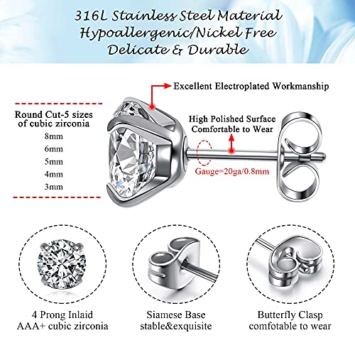 Top Plaza Stainless Steel Stud Earrings, CZ Earring Set for Women Men | Hypoallergenic Stud Earrings Round Cubic Zirconia Earrings Set of 5, 3mm-8mm Daily Studs - color: Silver