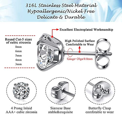Top Plaza Stainless Steel Stud Earrings, CZ Earring Set for Women Men | Hypoallergenic Stud Earrings Round Cubic Zirconia Earrings Set of 5, 3mm-8mm Daily Studs - color: Silver