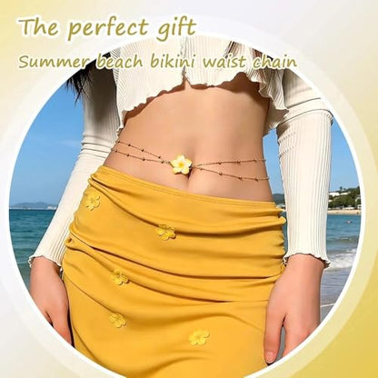 Plumeria Flower Belly Chains for Women Girls Gold Beads Waist Chains Double Layer Hawaiian Flower Body Chain for Summer Beach Adjustable Floral Belly Belt for Teen Girls Sexy Bikini Accessories