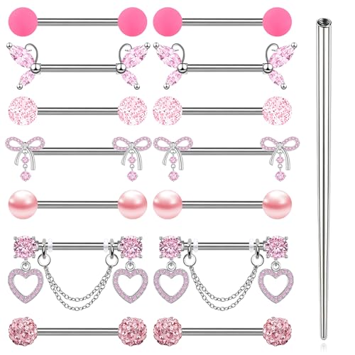 7 Pairs Nipple Rings Stainless Steel 14G Nipple Piercing Jewelry Silver Pink Heart Butterfly Knot CZ Stud Barbell Tongue Rings Internal Threaded Body Piercing Kit - color: B: pink