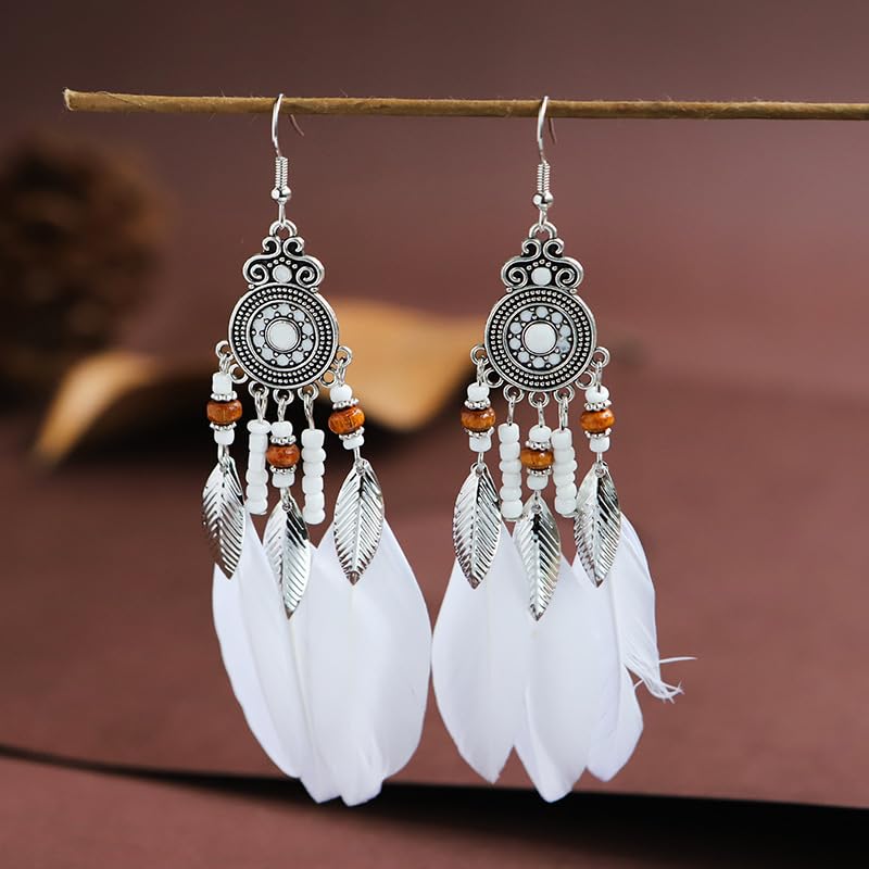 Boho Western Earrings for Women Western Feather Earrings Vintage Concho Turquoise Teardrop Dangle Earrings Country Concert Jewelry Accessories - style: White feather