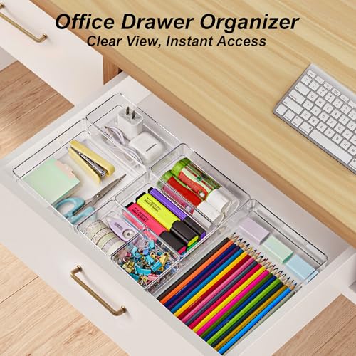 SMARTAKE 7 PCS Drawer Organizer, 4-Size Desk Drawer Organizer Trays | Storage Tray with Non-Slip Silicone Pads for Makeup, Jewelries, Utensils in Bedroom Dresser, Office and Kitchen (Clear) - style: 7 PCS