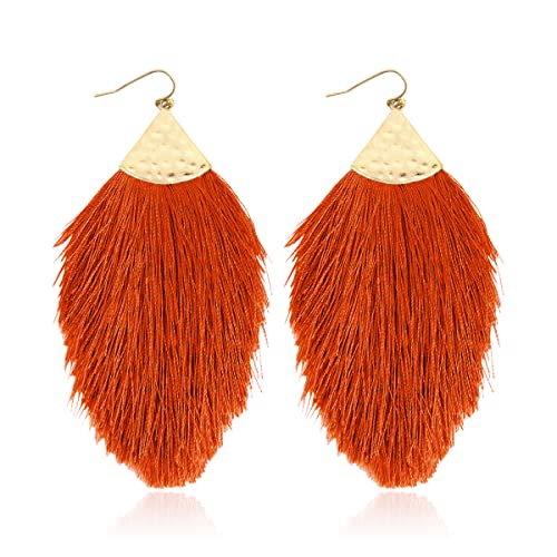 Bohemian Silky Thread Fan Fringe Tassel Statement Earrings - Lightweight Strand Feather Shape Dangles - color: Feather Fringe - Burnt Orange