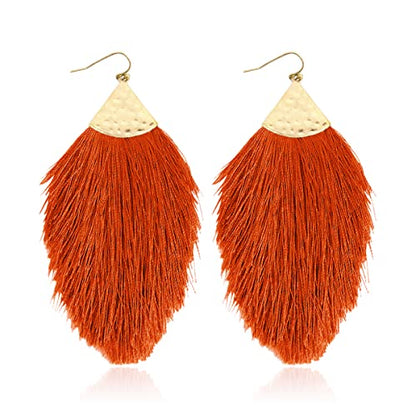 Bohemian Silky Thread Fan Fringe Tassel Statement Earrings - Lightweight Strand Feather Shape Dangles - color: Feather Fringe - Burnt Orange
