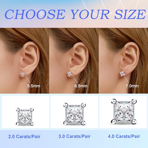 Moissanite Earrings Studs 1ct-3ct for Women/Men, 925 Sterling Silver with 18K White Gold Plated Hypoallergenic Flat Screw Back Birthday Gifts for Women Girlfriend Wife Engagement Jewelry - color: Square#3Ct-(1.5ct*2)