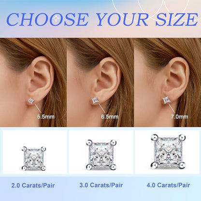 Moissanite Earrings Studs 1ct-3ct for Women/Men, 925 Sterling Silver with 18K White Gold Plated Hypoallergenic Flat Screw Back Birthday Gifts for Women Girlfriend Wife Engagement Jewelry - color: Square#4Ct-(2.0ct*2)