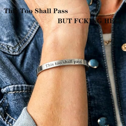 This Too Shall Pass But F*cking Hell Mantra Cuff Bracelets, Stainless Steel Inspirational Cuff Bracelets with Hidden Message Engraved Bracelet Open Adjustable Self-Reminder Bangle Motivational Jewelry for Women - color: Arrow Silver