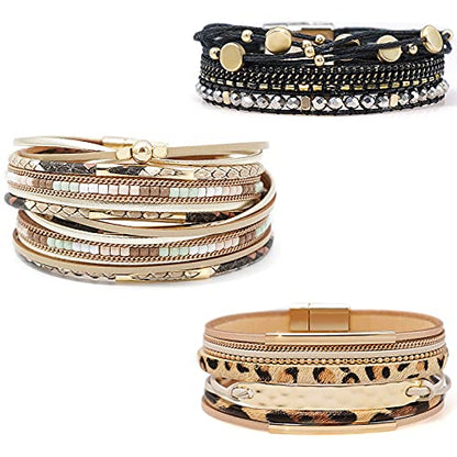 Wowanoo 3Pack Leather Cuff Bracelet Set Multilayer Wrap Bracelet Crystal Feather Tree Bracelet Magnetic Clasp Bracelet for Women - color: Leopard Black