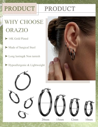 ORAZIO Stainless Steel Hoop Earrings Set Huggie Earrings for Women | Hypoallergenic Thin Small Non Tarnish Lightweight Dainty Trendy 10-20MM Women Stacks Multiple Piercing Jewelry Gift - style: D: Black-tone,4 pairs