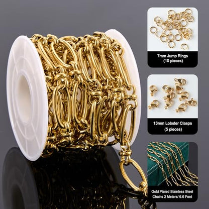 2 Meters Gold Plated Jewelry Making Chain Stainless Steel Long Oval Link Chains Bulk with Jump Rings and Lobster Clasps - color: Long Oval Gold