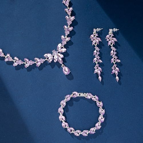 Paxuan Wedding Jewelry Sets for Bride Bridesmaid Bridal Jewelry Set for Women Wedding Crystal Necklace Earrings Bracelet Set for Party Prom Jewelry - color: Light Purple - Silver