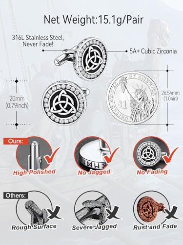 FaithHeart Mens Cufflinks, Norse Viking Tuxedo Shirt Cuff Links, Stainless Steel Cuff Links and Shirt Studs, Gift Box - style: 02. Trinity Celtic CZ-Silver