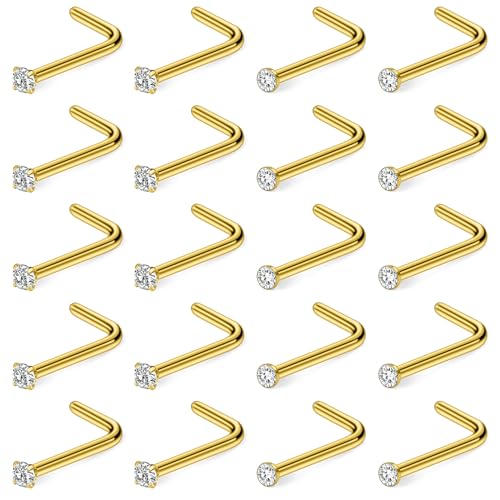 Hoeudjo Nose Studs Surgical Steel Cubic Zirconia Nose Rings Kit for Women Men Tiny Nose Stud Screw & Bone & L Shaped Nostril Piercing Jewelry 24-18 Gauge 20 Pieces Set - color: gold-tone,L-shaped nose studs, size: 18g/1.5mm clear CZ