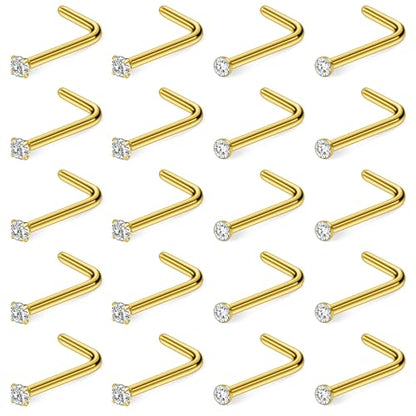 Hoeudjo Nose Studs Surgical Steel Cubic Zirconia Nose Rings Kit for Women Men Tiny Nose Stud Screw & Bone & L Shaped Nostril Piercing Jewelry 24-18 Gauge 20 Pieces Set - color: gold-tone,L-shaped nose studs, size: 18g/1.5mm clear CZ