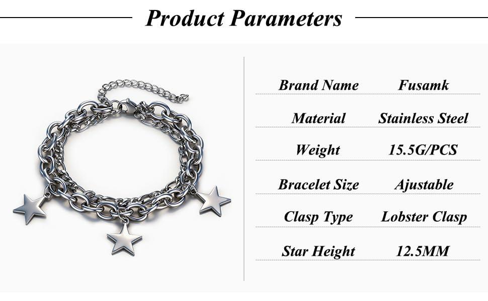 Women’s Star Bracelet Stainless Steel Link Chain, Double Layer Star Charm Bracelet for Women, Fashion Curb Bracelet Stackable Birthday Gift