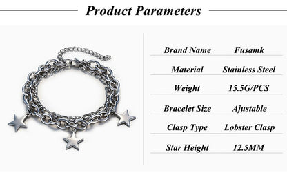 Women’s Star Bracelet Stainless Steel Link Chain, Double Layer Star Charm Bracelet for Women, Fashion Curb Bracelet Stackable Birthday Gift